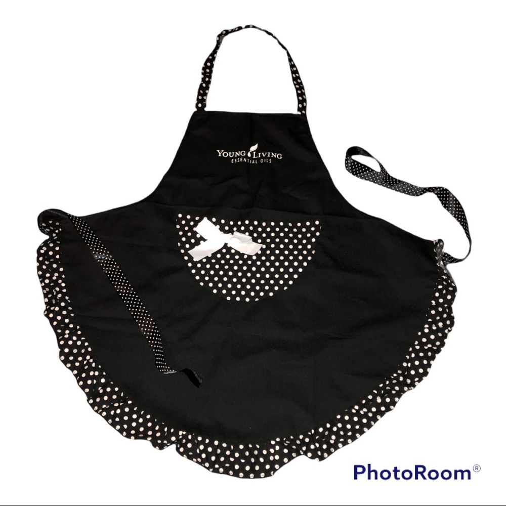 apron black w/ white Polk-a-dot trim ribbon ties Young Living kids apron